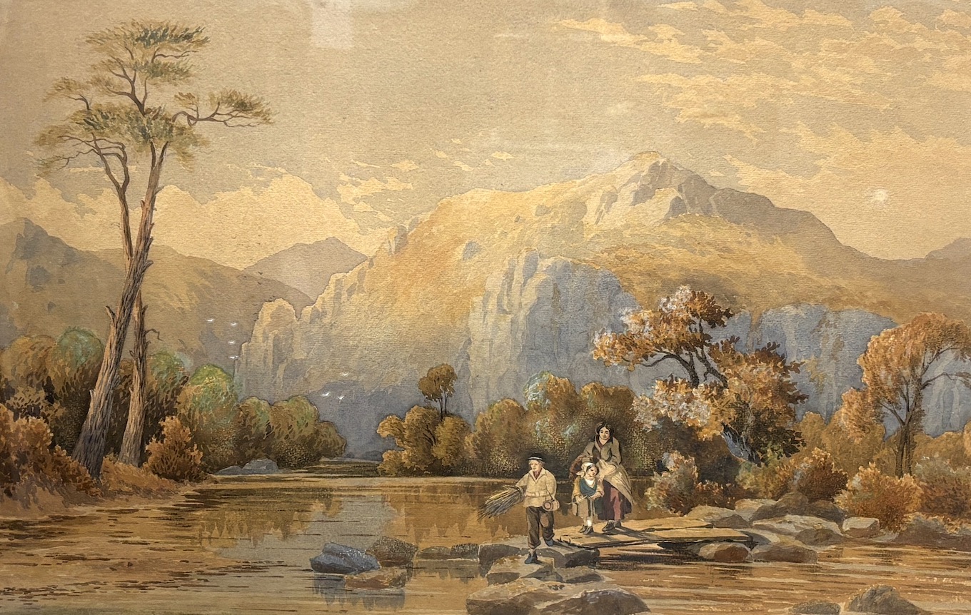 19th century English School, watercolour, Mountainous river landscape with figures, 36 x 51cm, unsigned